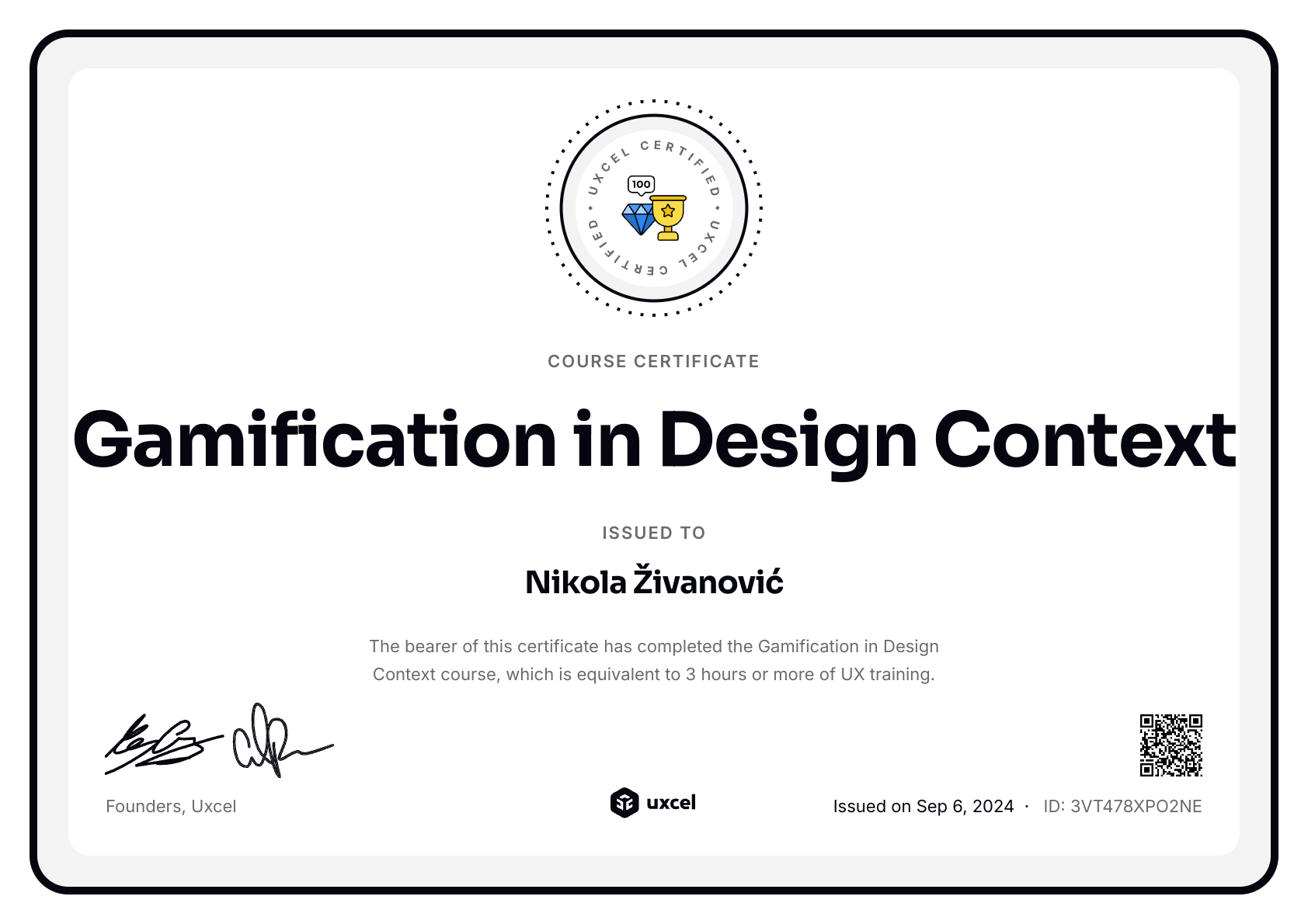 Nikola Živanović's certificate